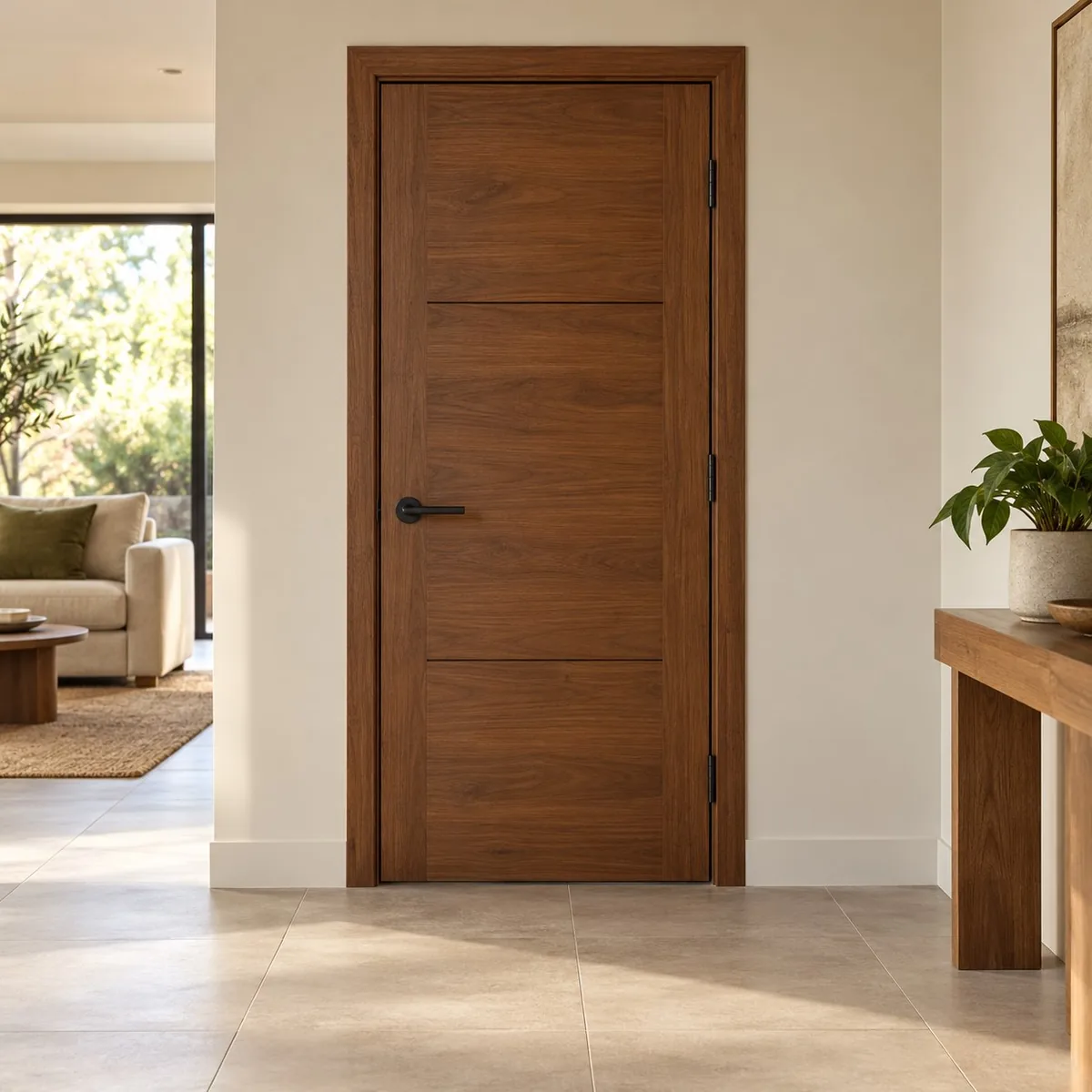 Illustrative modern walnut interior door fitted in a finished home